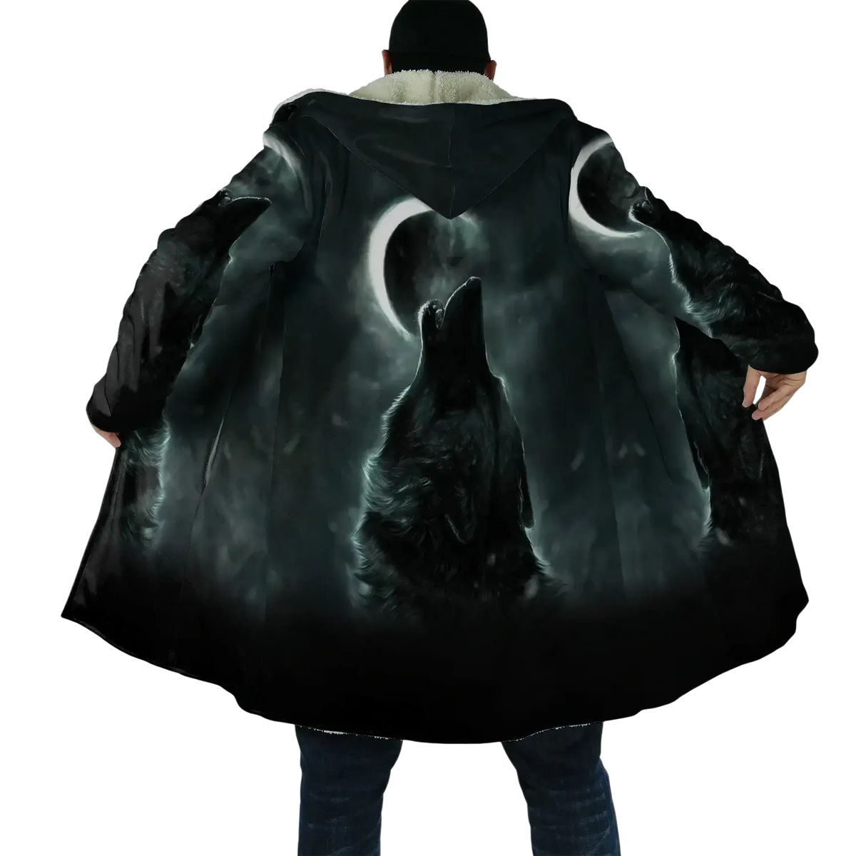 Black hooded fleece winter coat featuring a detailed 3d print of a howling wolf on the back against a moonlit backdrop