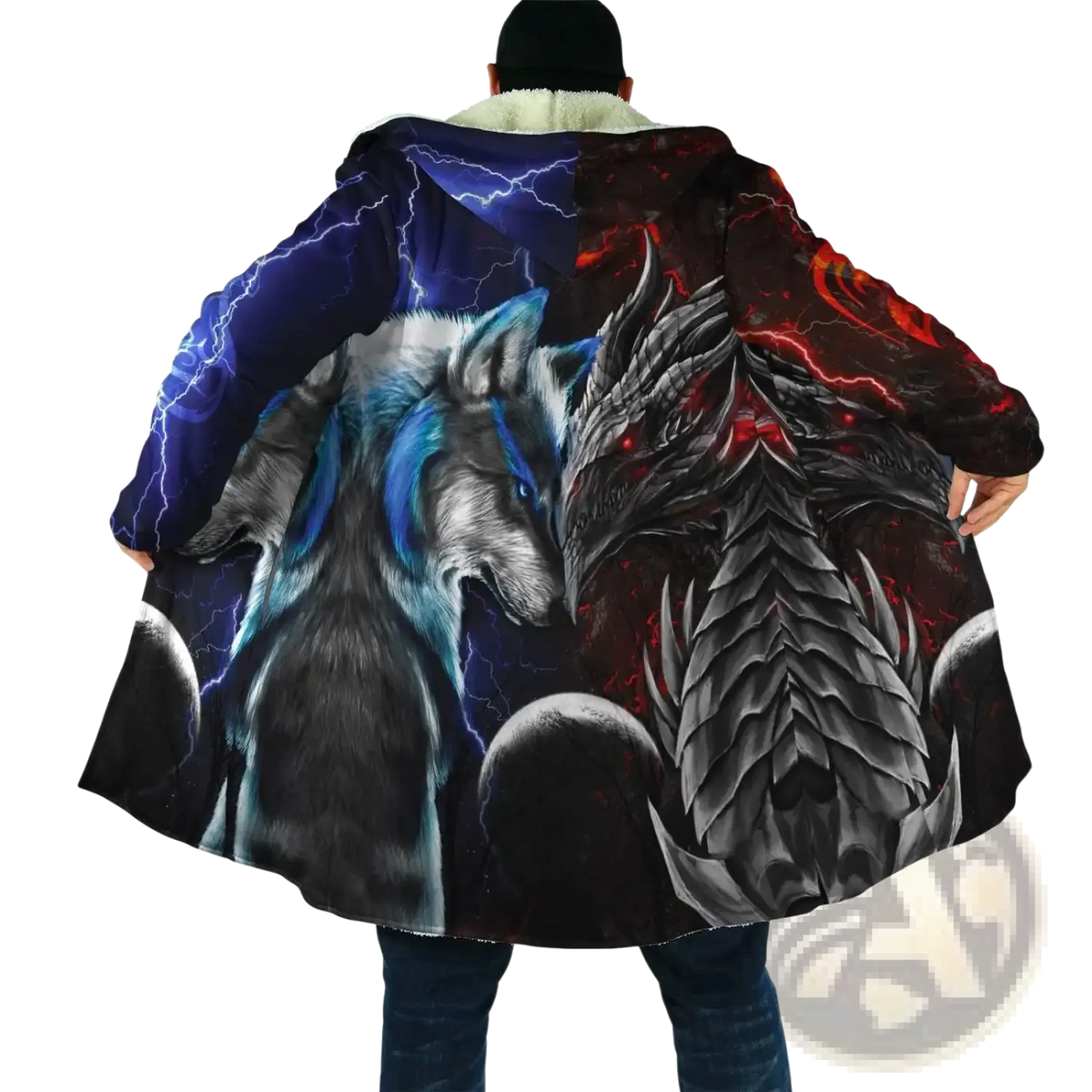 Black and blue fleece hooded cloak featuring a detailed wolf graphic with lightning and a dark dragon design
