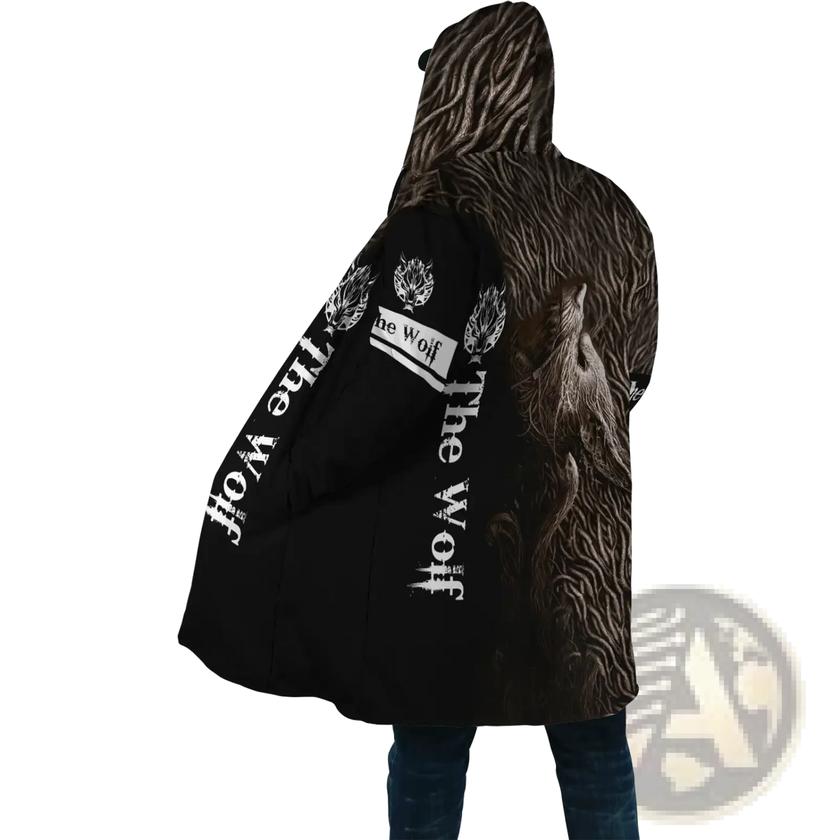 Black fleece hooded coat with detailed wolf design and white the wolf text on sleeves and back shown from the back side