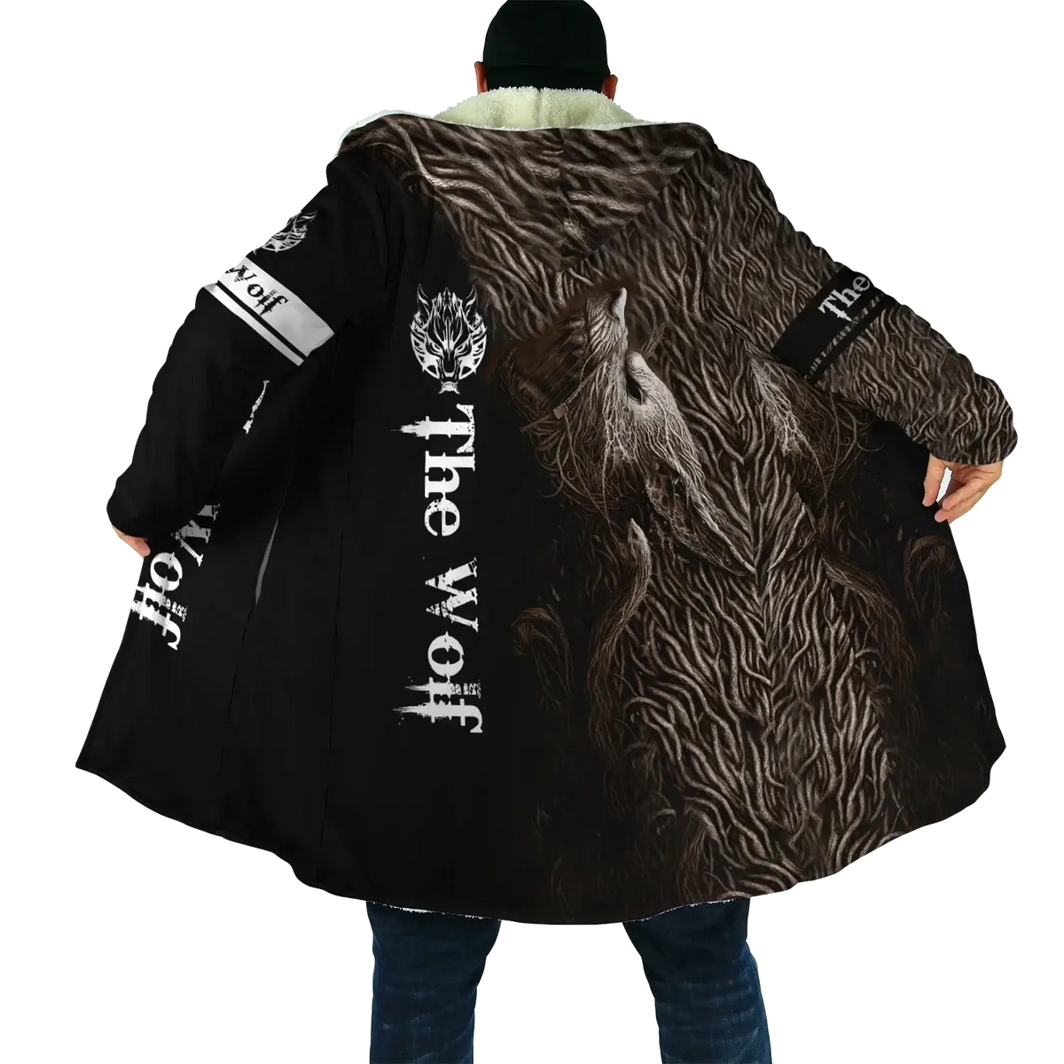 Black wolf themed fleece hooded cloak winter coat with detailed textured print and white lettering on sleeves back side