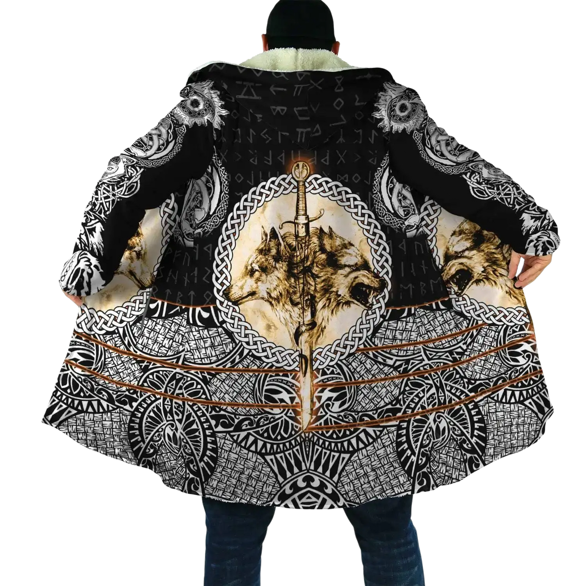 Black and white norse-themed wolf 3d print fleece hooded cloak winter coat with wolves sword design and plush lining