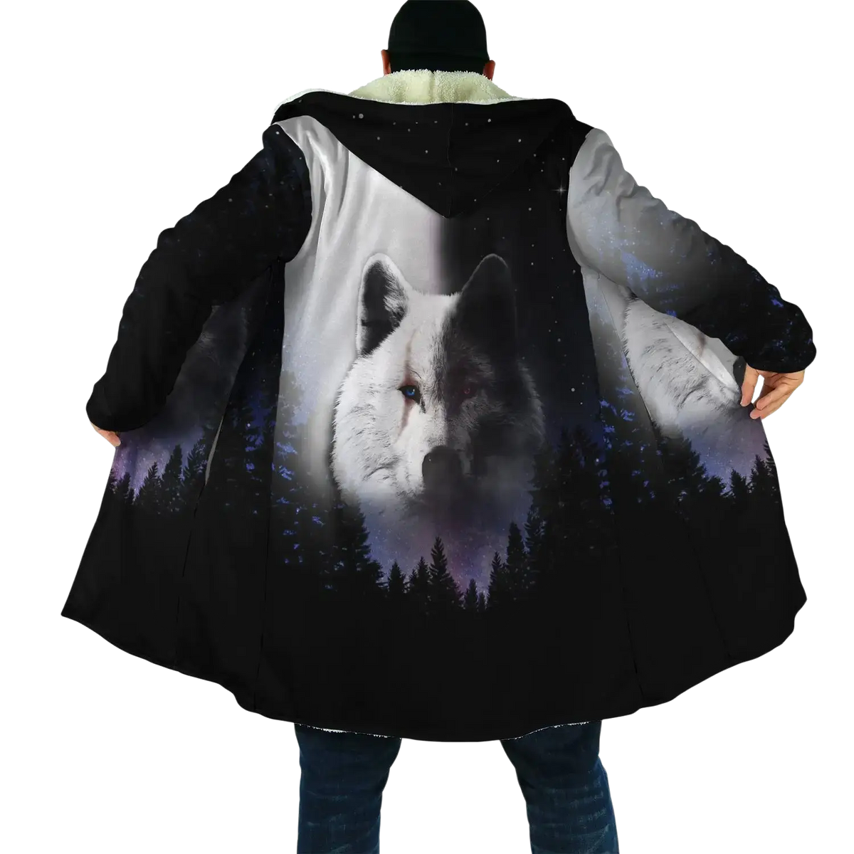 Black and white wolf 3d print fleece-lined hooded cloak with starry night sky design for winter wear