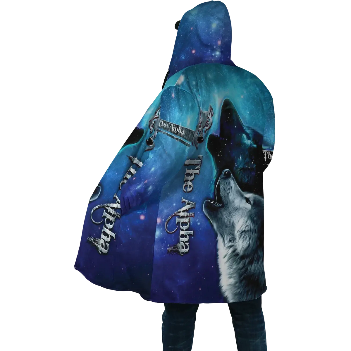 A blue fleece hooded winter coat with a cosmic wolf 3d print and silver the alpha text on the back side
