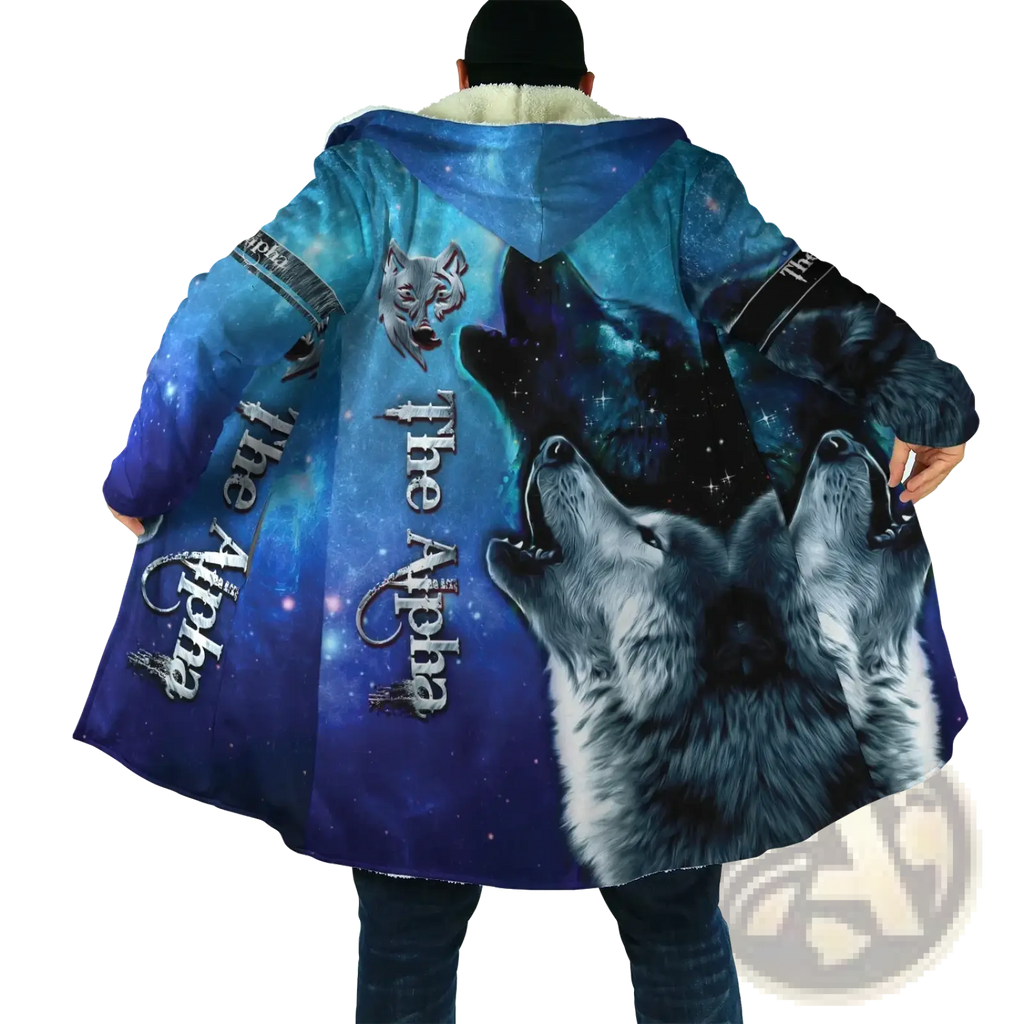 Blue galaxy-themed wolf 3d print fleece hooded cloak winter coat with howling wolves and silver the alpha text on back