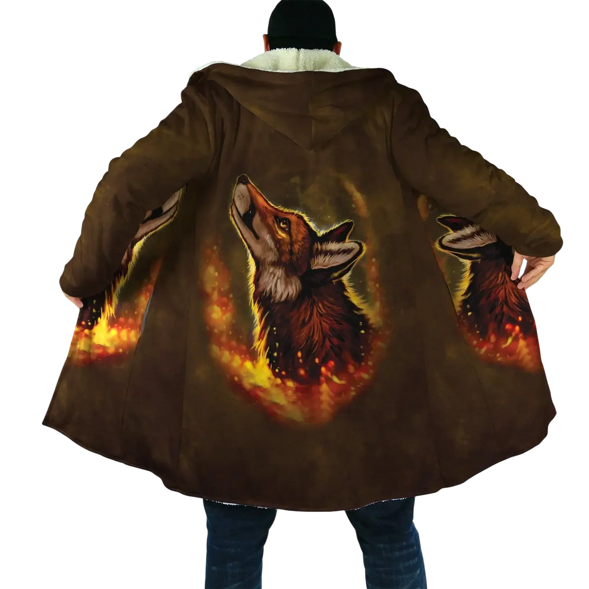 Brown fleece hooded winter coat featuring a detailed fox design surrounded by flames on the back side
