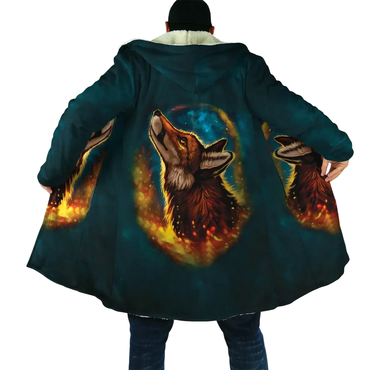 Dark teal fleece hooded cloak winter coat featuring a vibrant fiery fox design with glowing flames and starry background