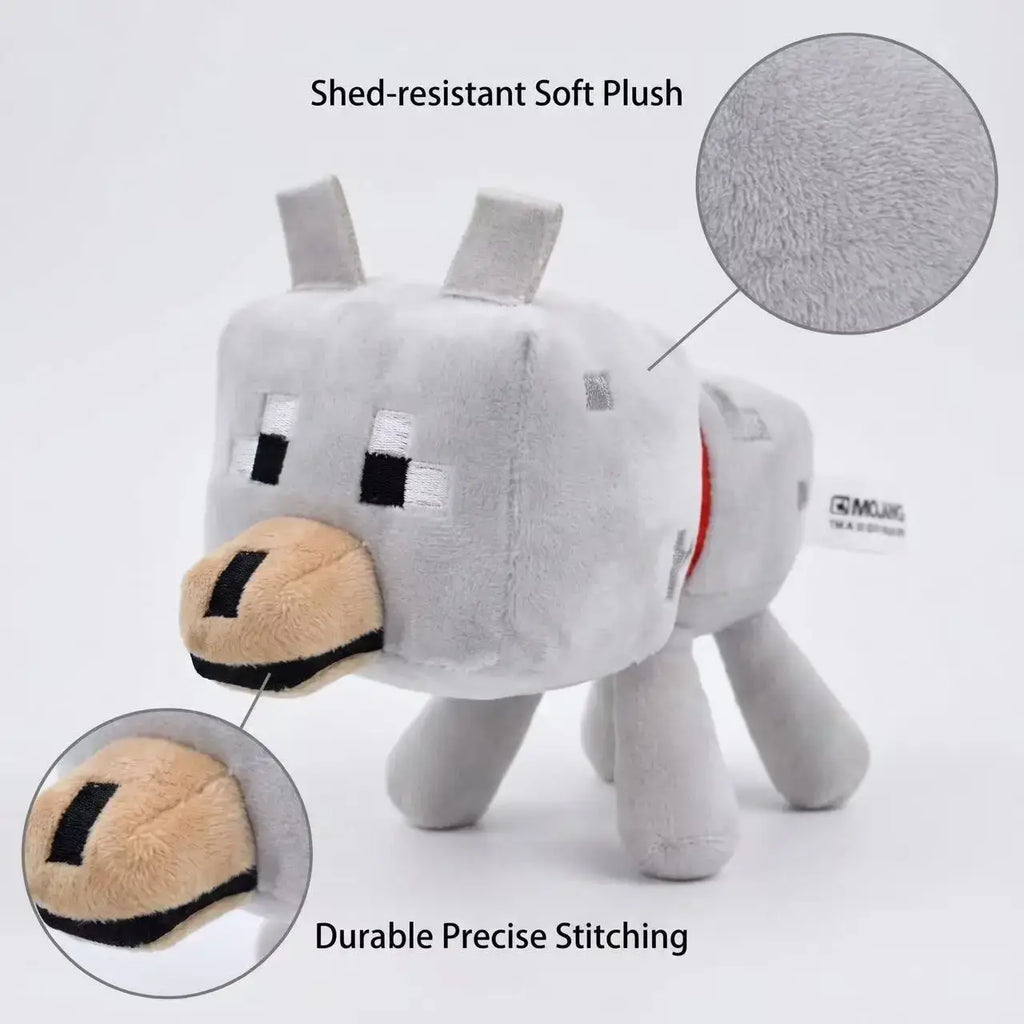 Gray minecraft wolf plush toy with tan muzzle black accents made of shed-resistant soft plush 20cm wolf plush stuffed animal