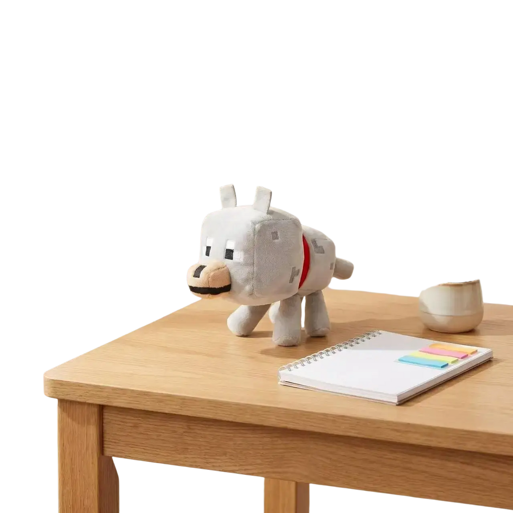 Gray wolf plush stuffed animal toy 20cm with black and tan facial features and red collar detail