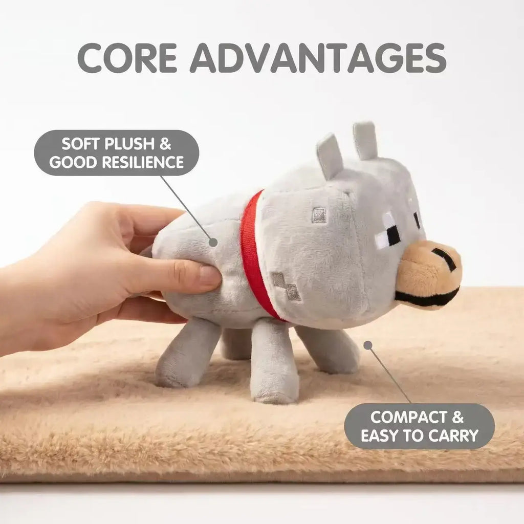 Gray minecraft-style wolf plush stuffed animal toy 20cm with red collar tan snout pixelated black eyes and square ears
