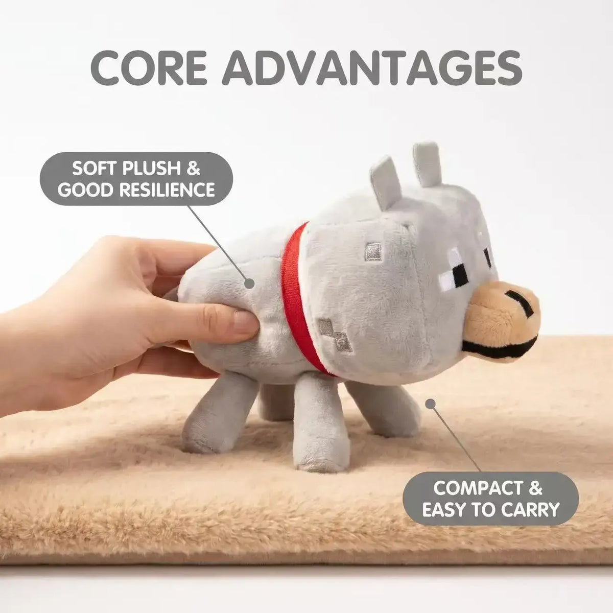 Gray minecraft-style wolf plush stuffed animal toy 20cm with red collar tan snout pixelated black eyes and square ears