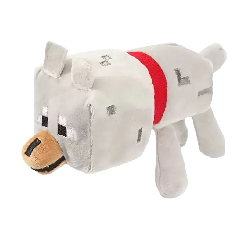 Wolf plush stuffed animal toy 20cm made of soft gray fabric with red collar and black and white stitched eyes