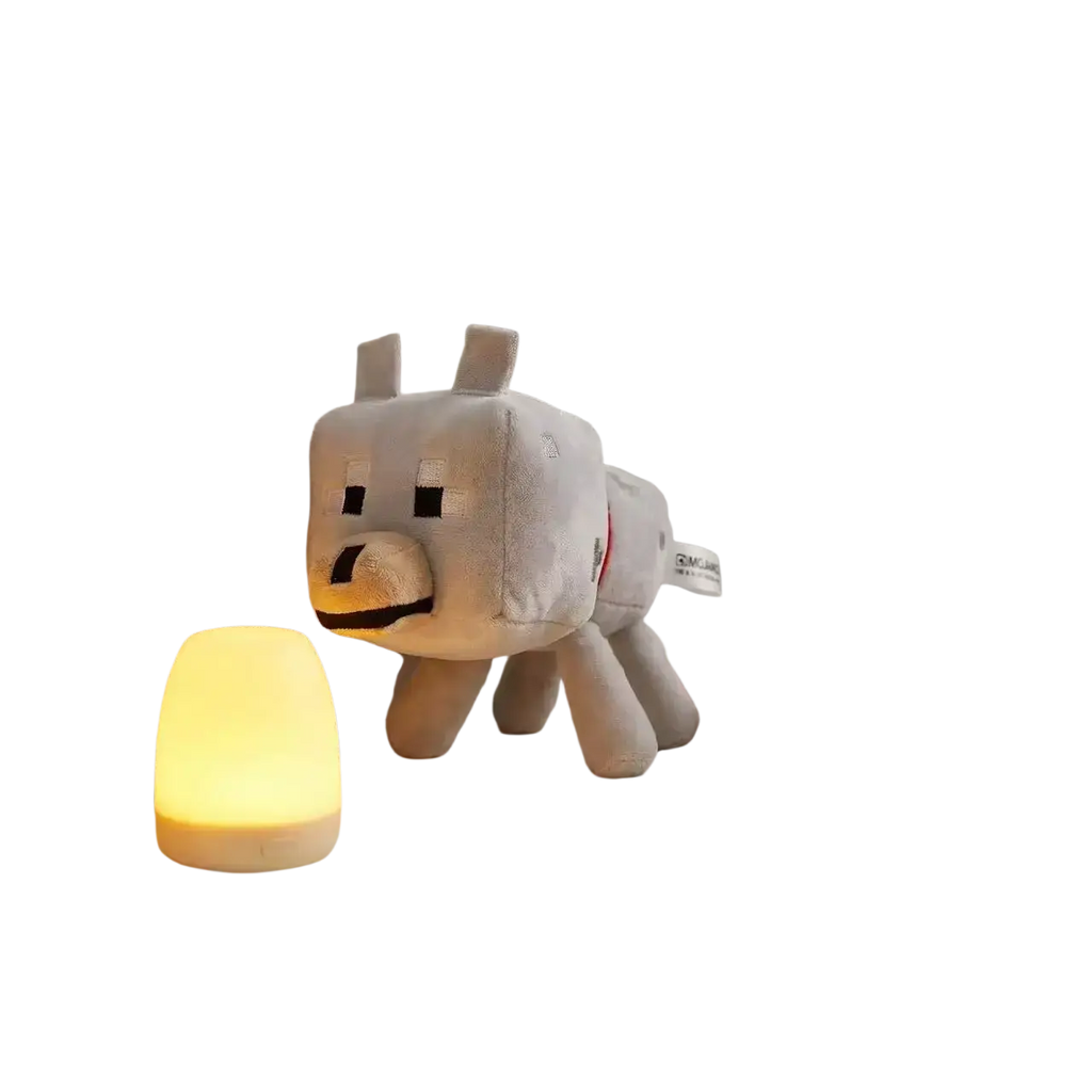 A plush minecraft-style white wolf plush stuffed animal toy 20cm beside a soft glowing yellow led nightlight