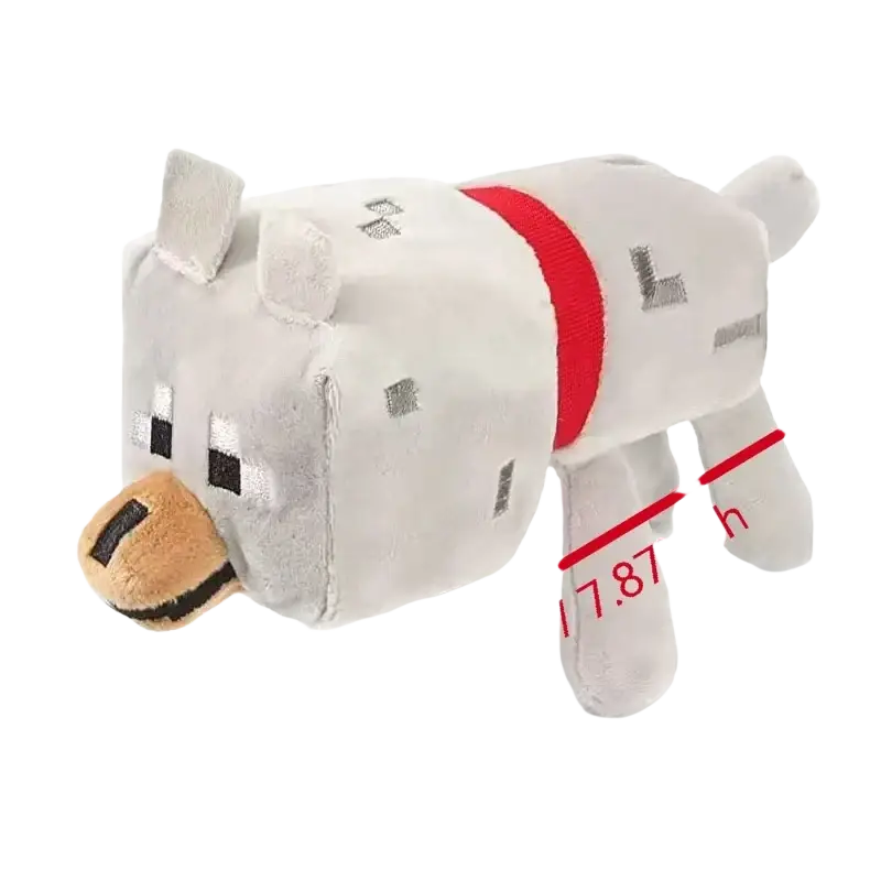 White minecraft-style wolf plush with red stripe and black facial details 20cm stuffed animal toy