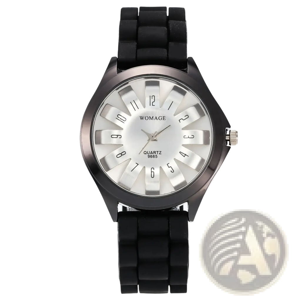Black silicone strap womage floral silicone watch with silver-toned case and white dial with bold black numerals