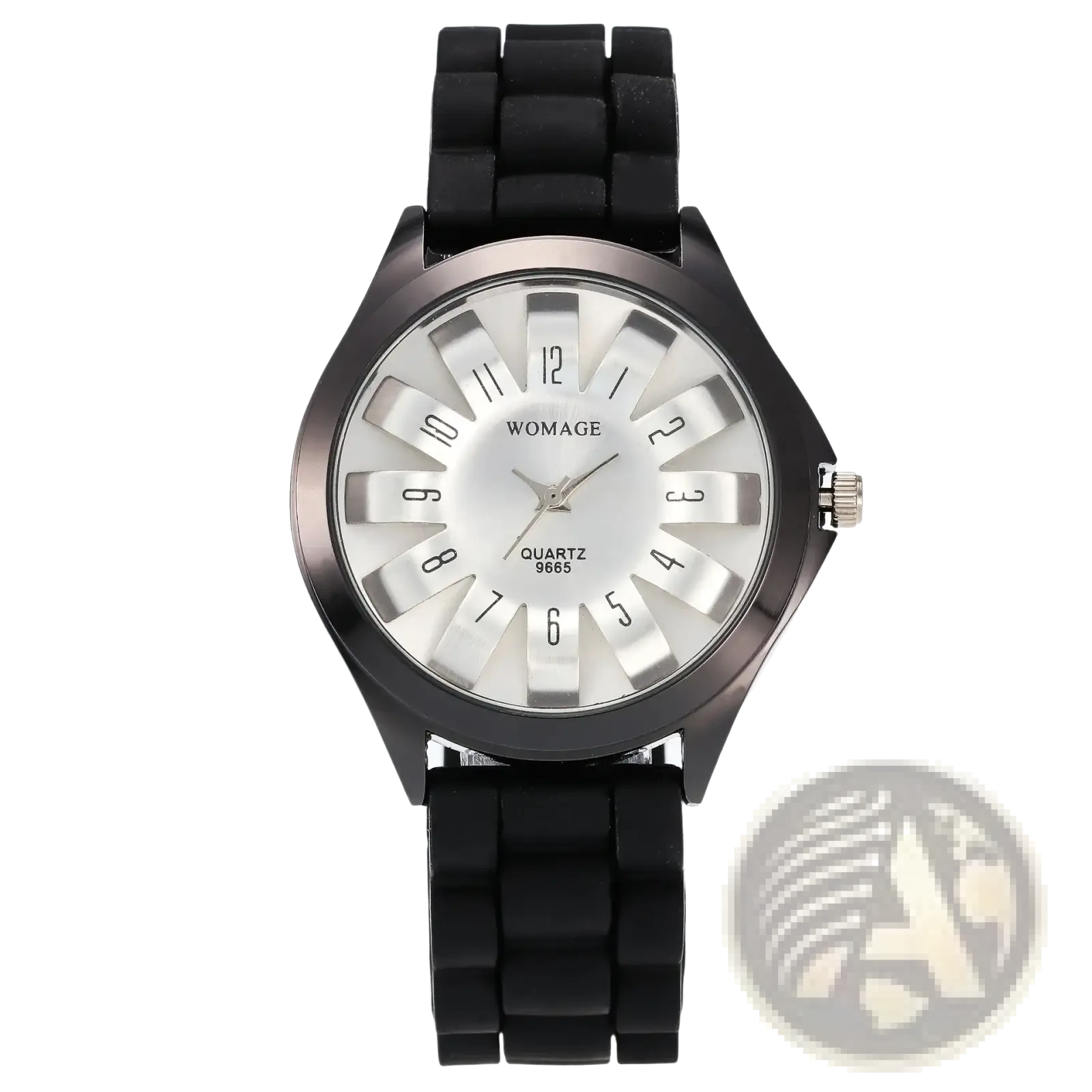 Black silicone strap womage floral silicone watch with silver-toned case and white dial with bold black numerals