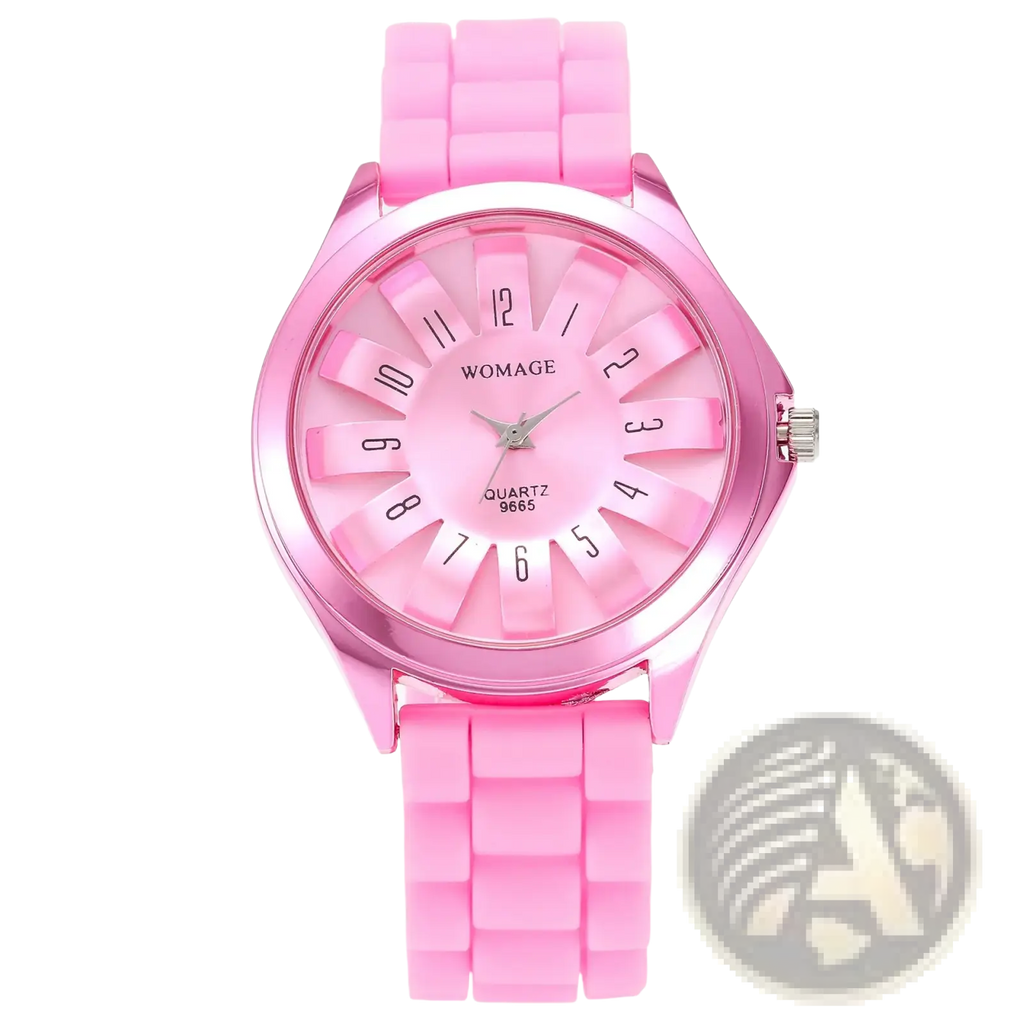 Womage Floral silicone watch with pink silicone strap, matching pink dial, metallic bezel, and bold black numerals