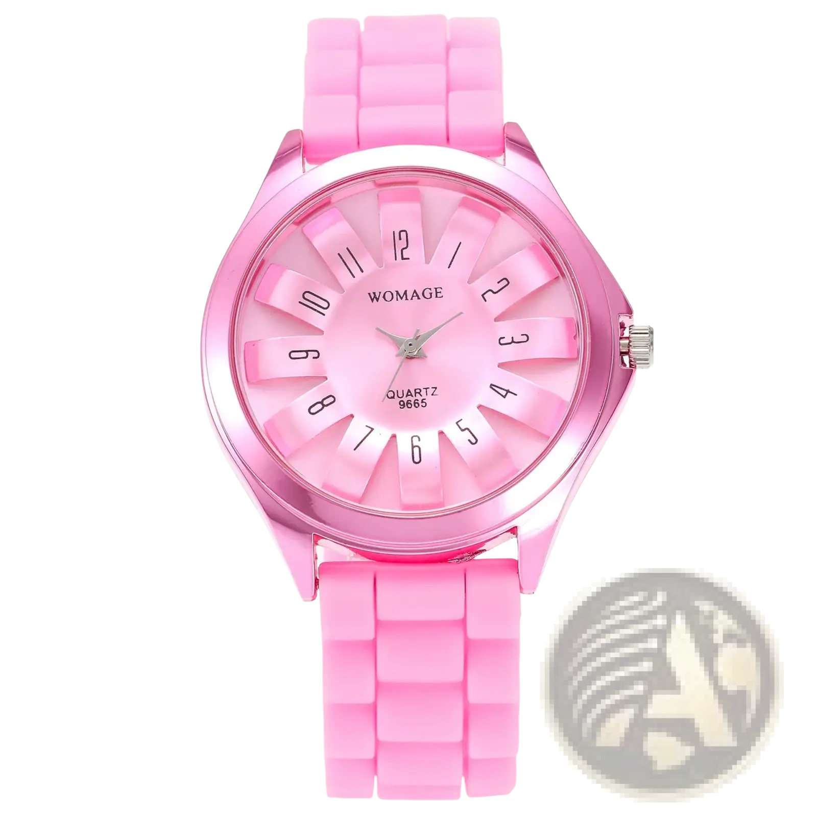 Womage Floral silicone watch with pink silicone strap, matching pink dial, metallic bezel, and bold black numerals