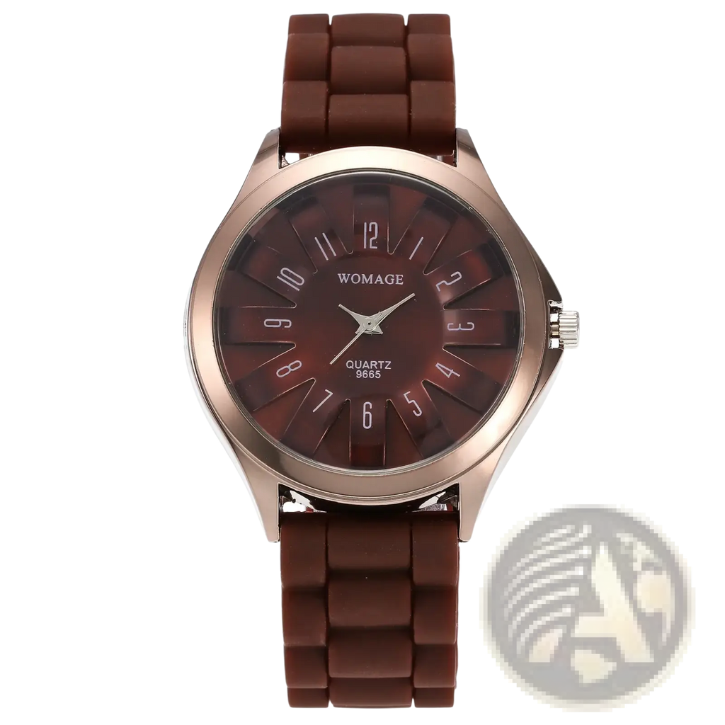 A womage floral silicone watch featuring a rose gold-tone case, dark brown textured dial, and matching silicone strap