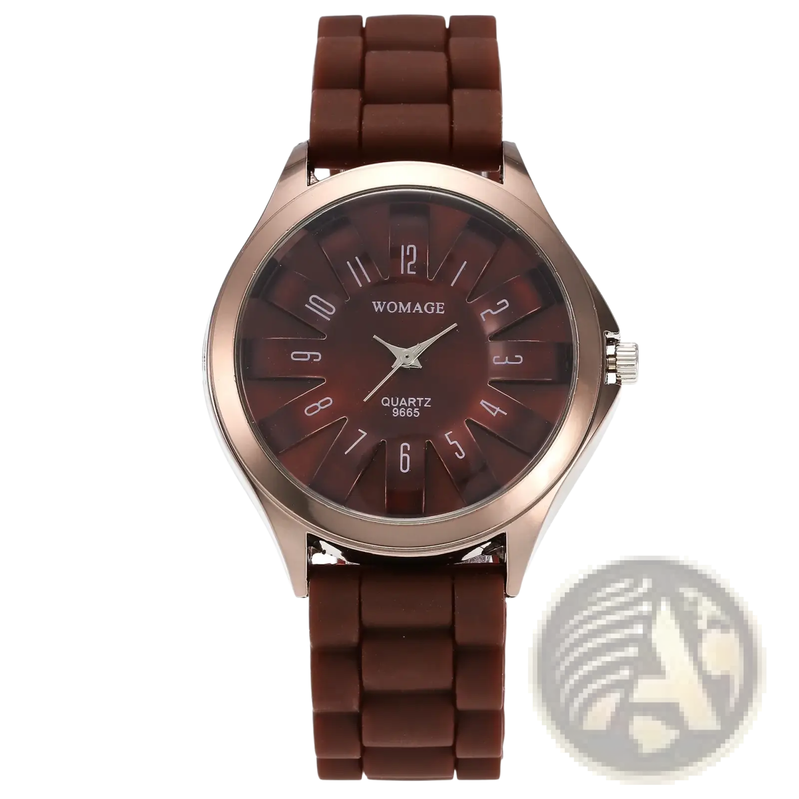 A womage floral silicone watch featuring a rose gold-tone case, dark brown textured dial, and matching silicone strap