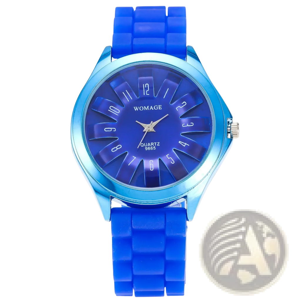 Vibrant blue womage floral silicone watch with matching blue dial and metallic bezel for casual dress use