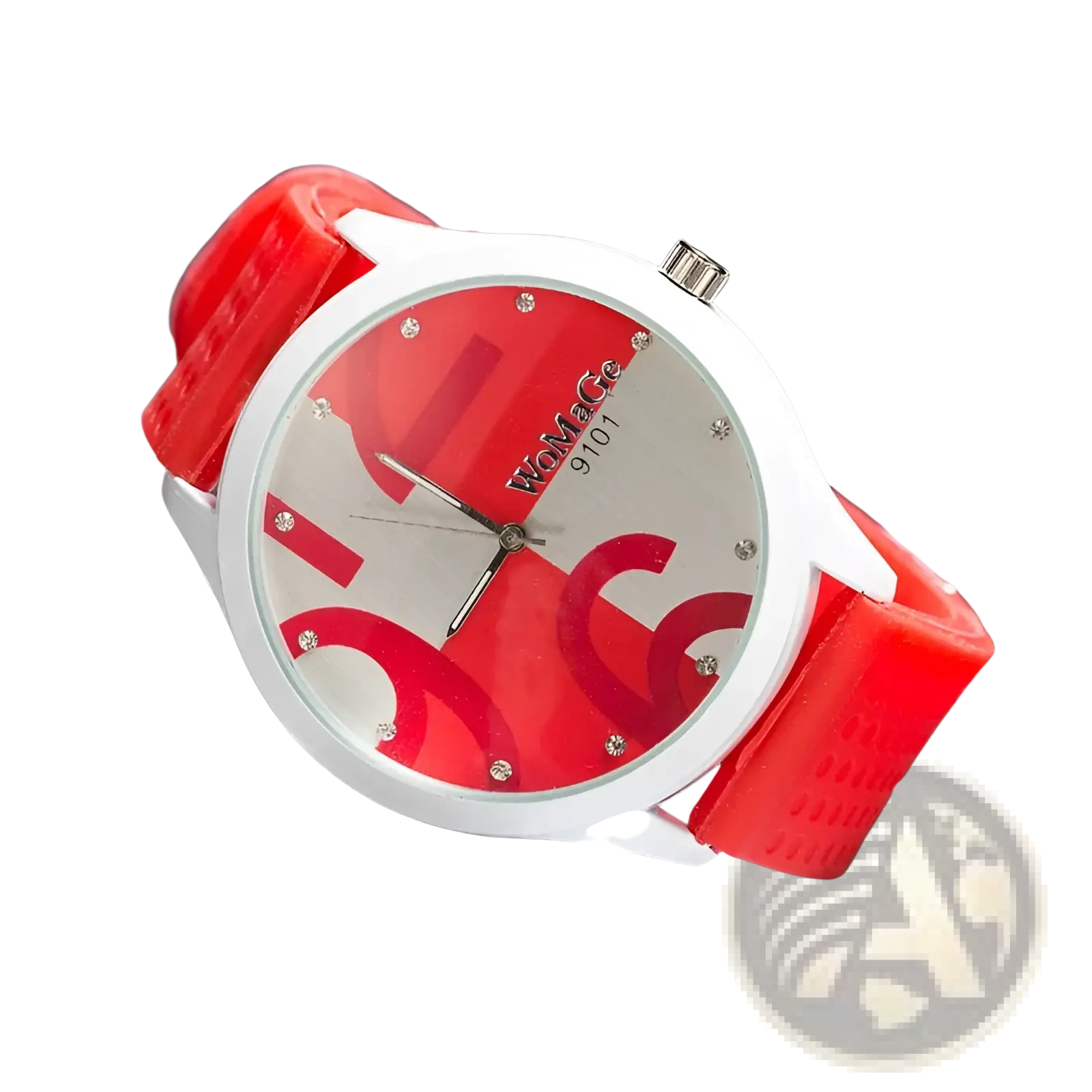 Womage quartz fashion watch with vibrant red silicone strap and crystal accented red and white dial