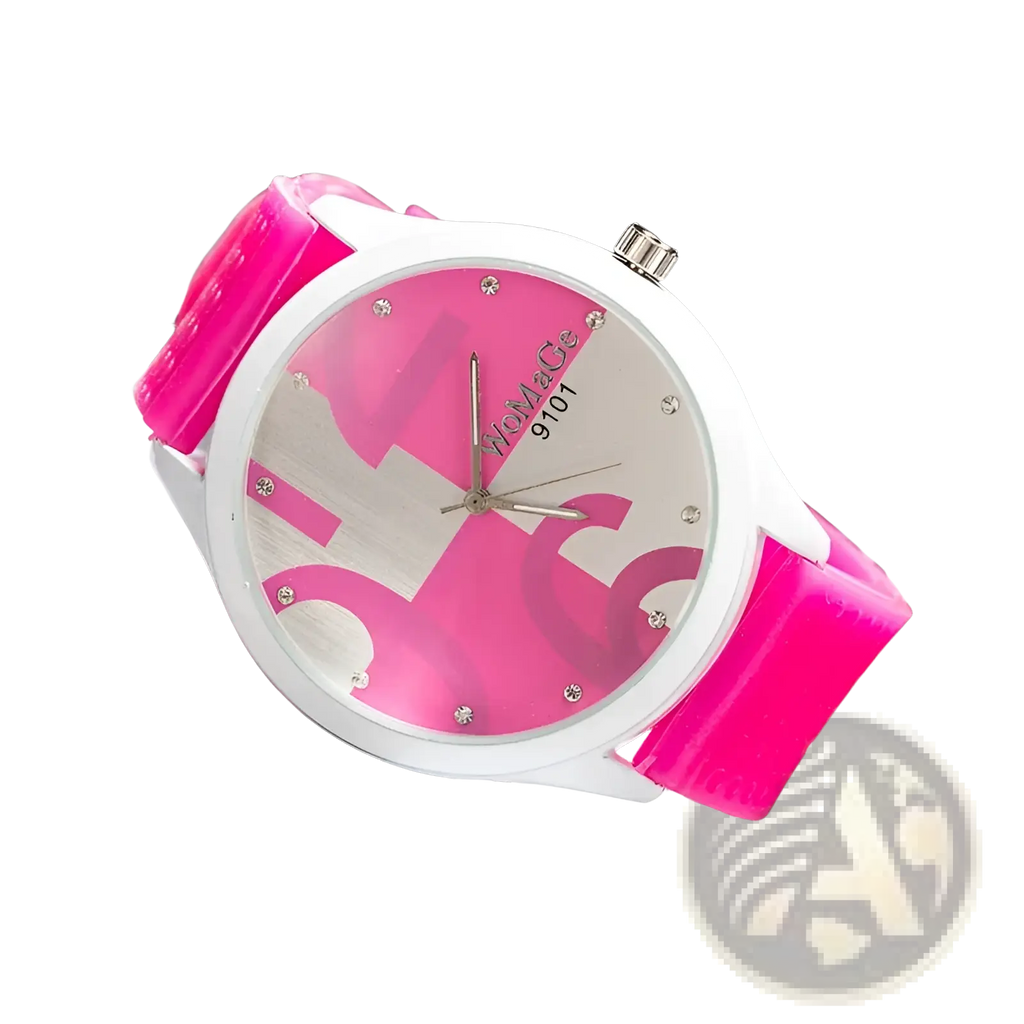 A womage green silicone quartz fashion watch with a vibrant pink and white dial and glossy silicone strap
