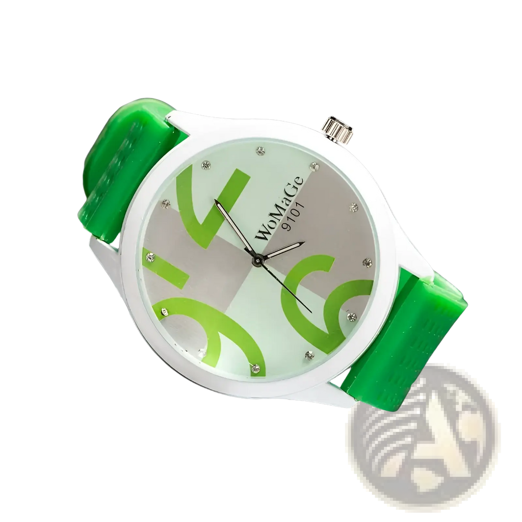 A womage green silicone quartz fashion watch with glossy strap silver hands and lime-green rhinestone numerals