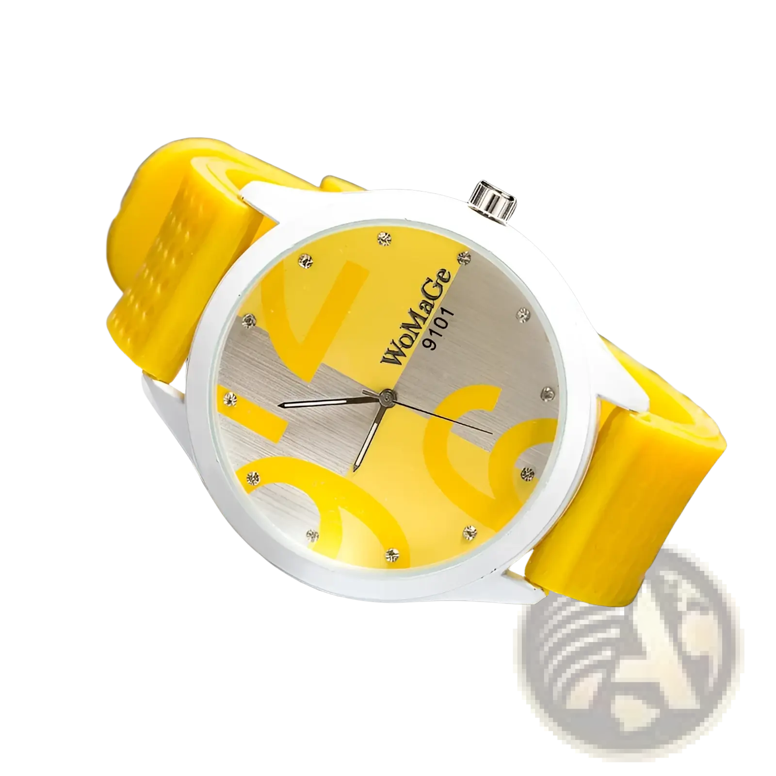 Womage green silicone quartz fashion watch with yellow silicone strap white case and yellow silver dial branding womage 9101