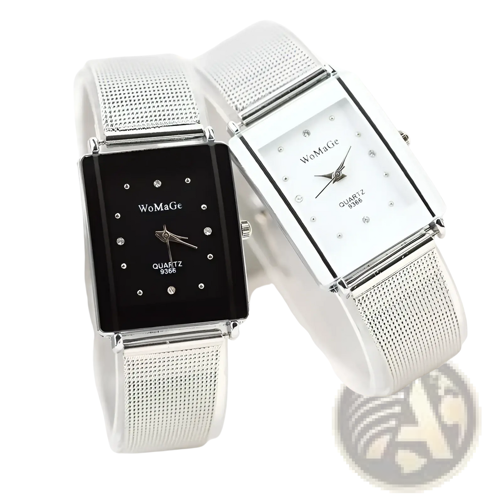 A pair of womage rectangular silver mesh quartz watches with black and white faces adorned with rhinestones