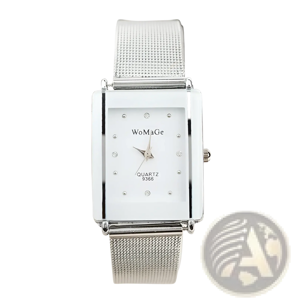 Womage rectangular silver quartz watch with mesh band and diamond accents on a white dial