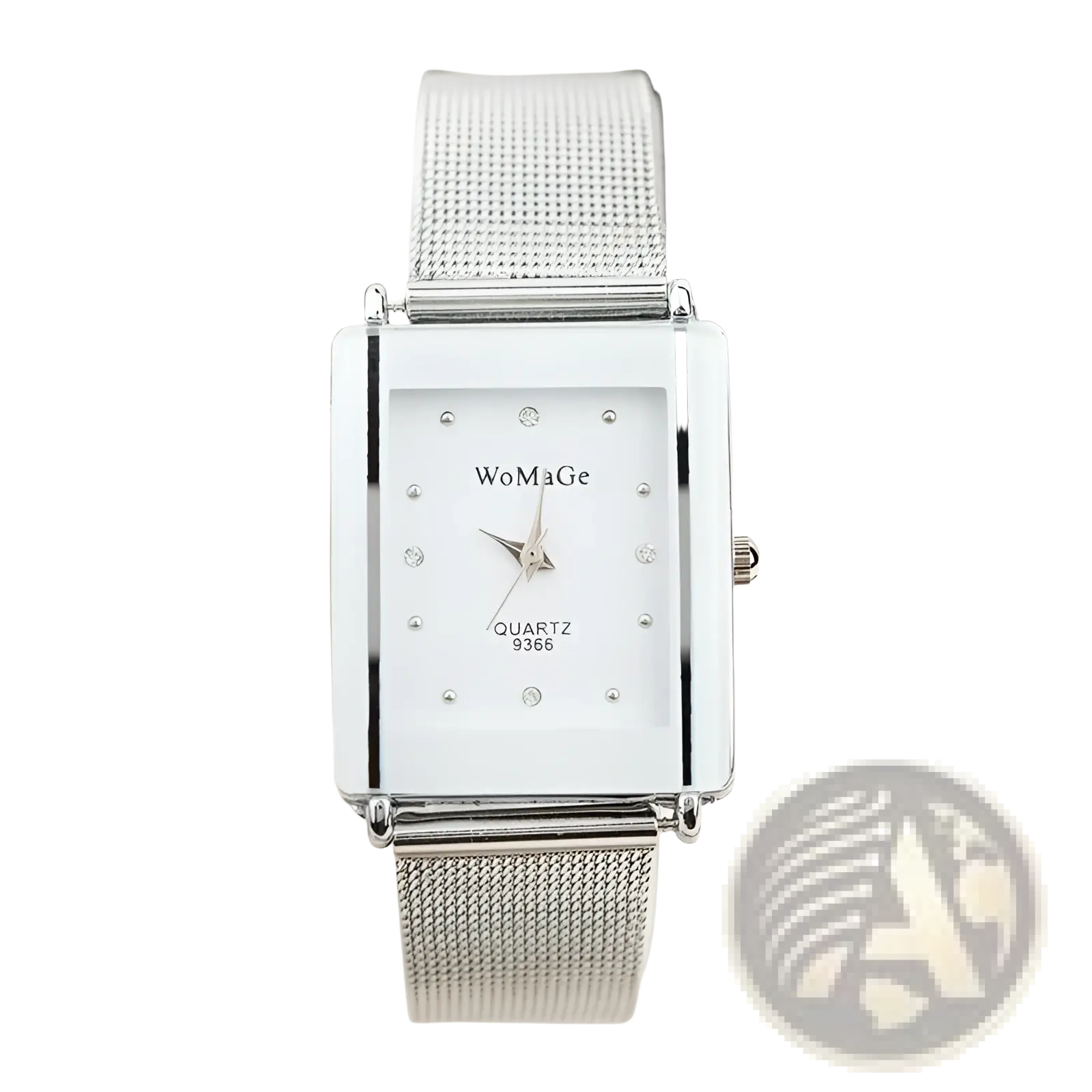 Womage rectangular silver quartz watch with mesh band and diamond accents on a white dial