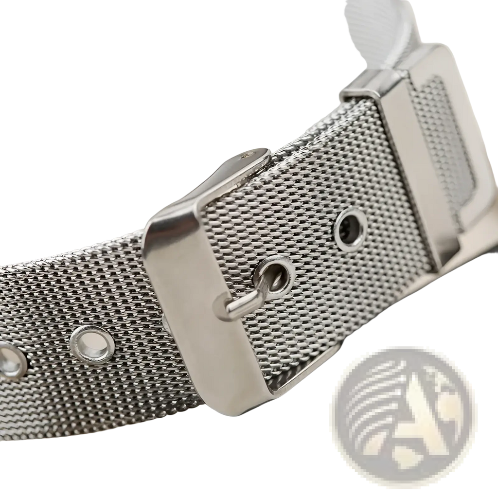 Womage rectangular silver mesh quartz watch featuring a textured interwoven metal band and polished stainless steel buckle