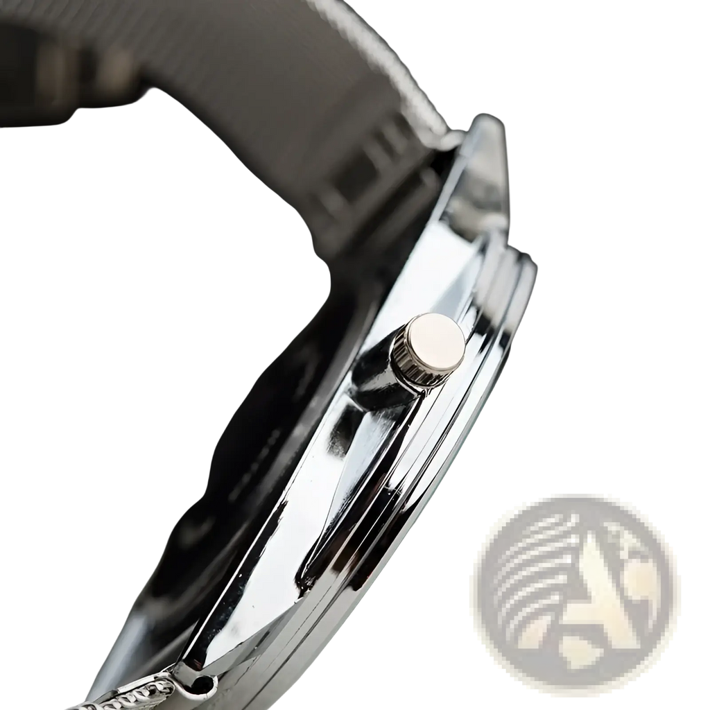 Womage rectangular silver mesh quartz watch with polished metal case crown and integrated mesh strap