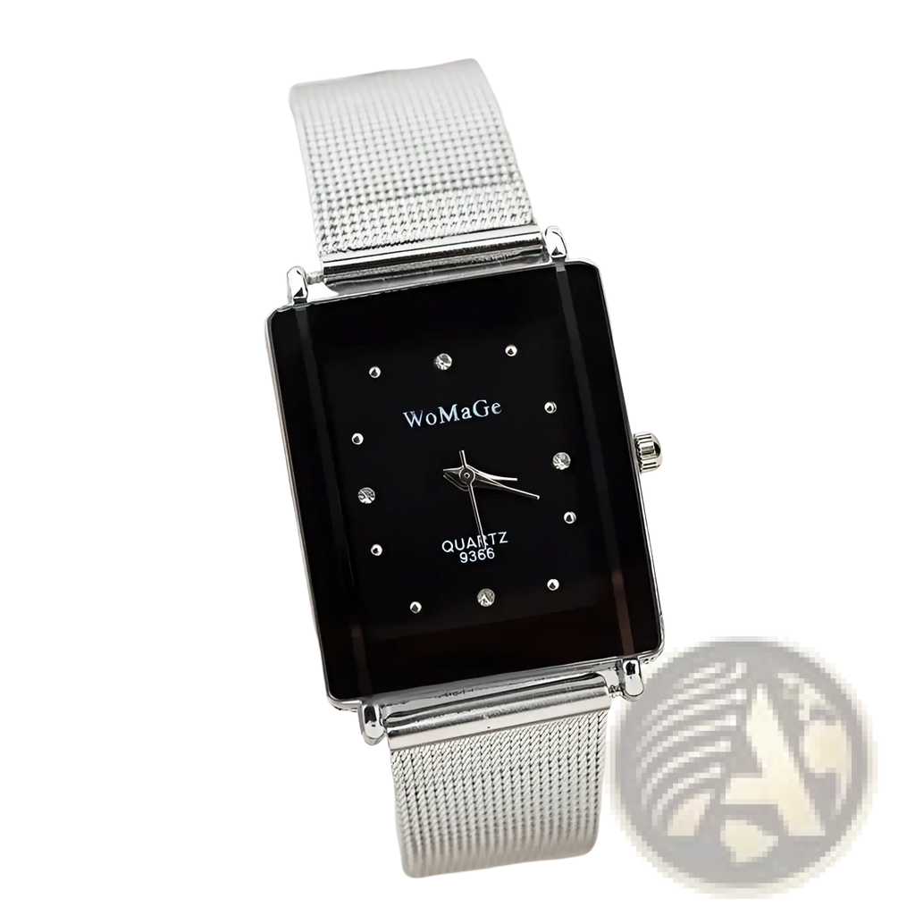 Womage rectangular silver mesh quartz watch with black rectangular dial and diamond-like embellishments