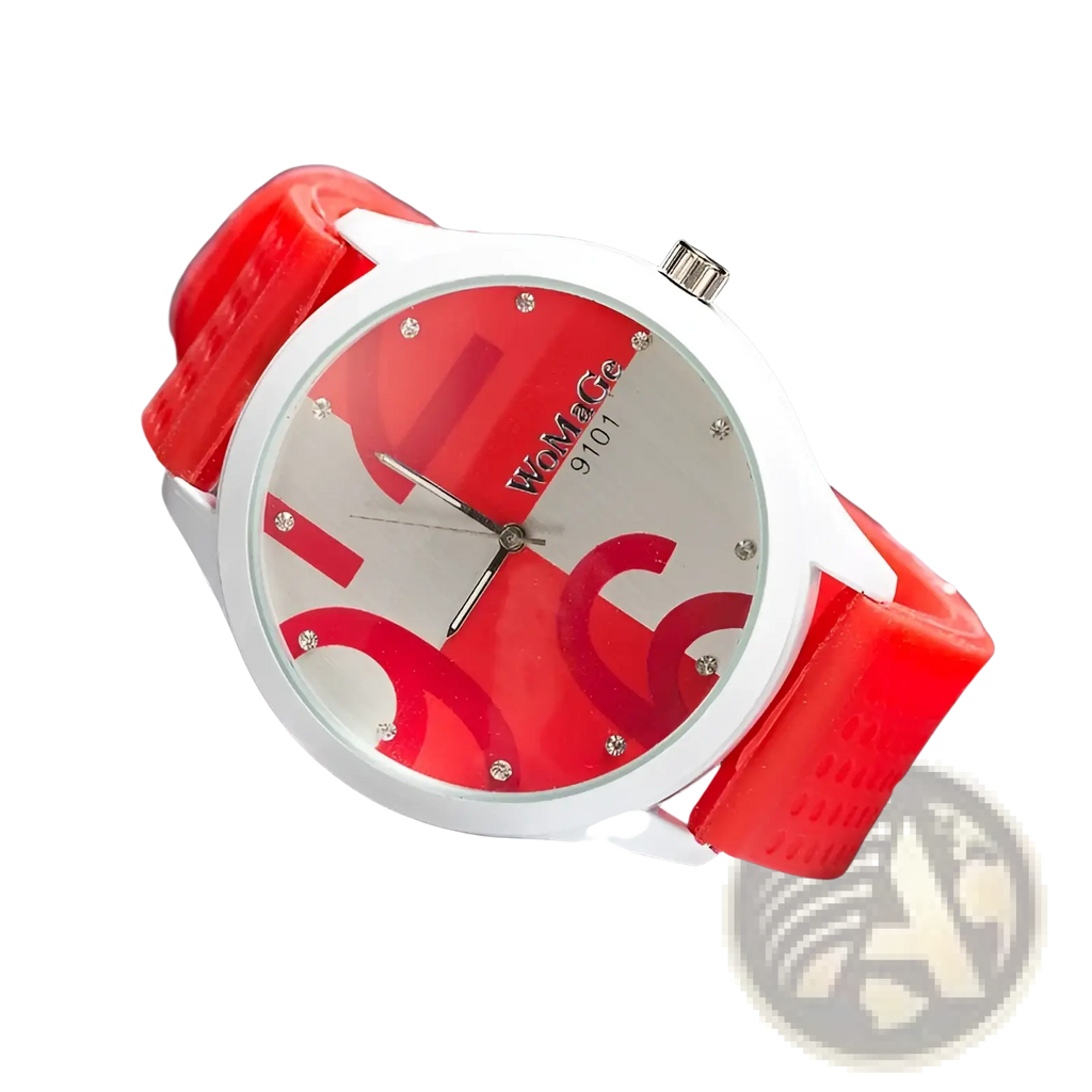 Womage silicone quartz women sports watch with vibrant red silicone strap and crystal accents on white dial