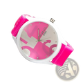 Womage silicone quartz women sports watch with vibrant pink and white glossy silicone strap and geometric dial design