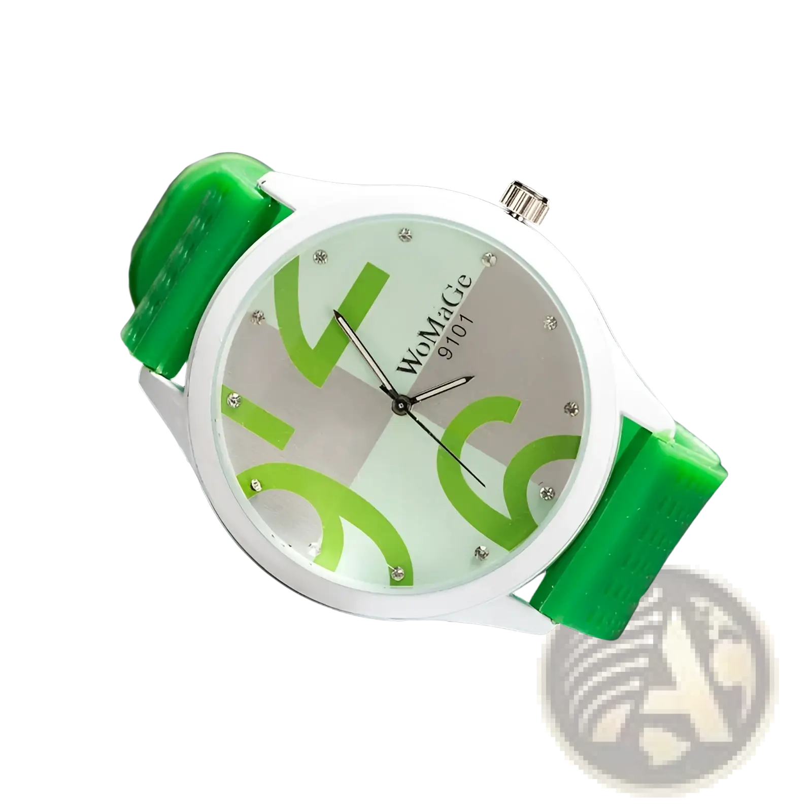 A womage silicone quartz women sports watch in vibrant green and white with a glossy silicone strap and rhinestone accents