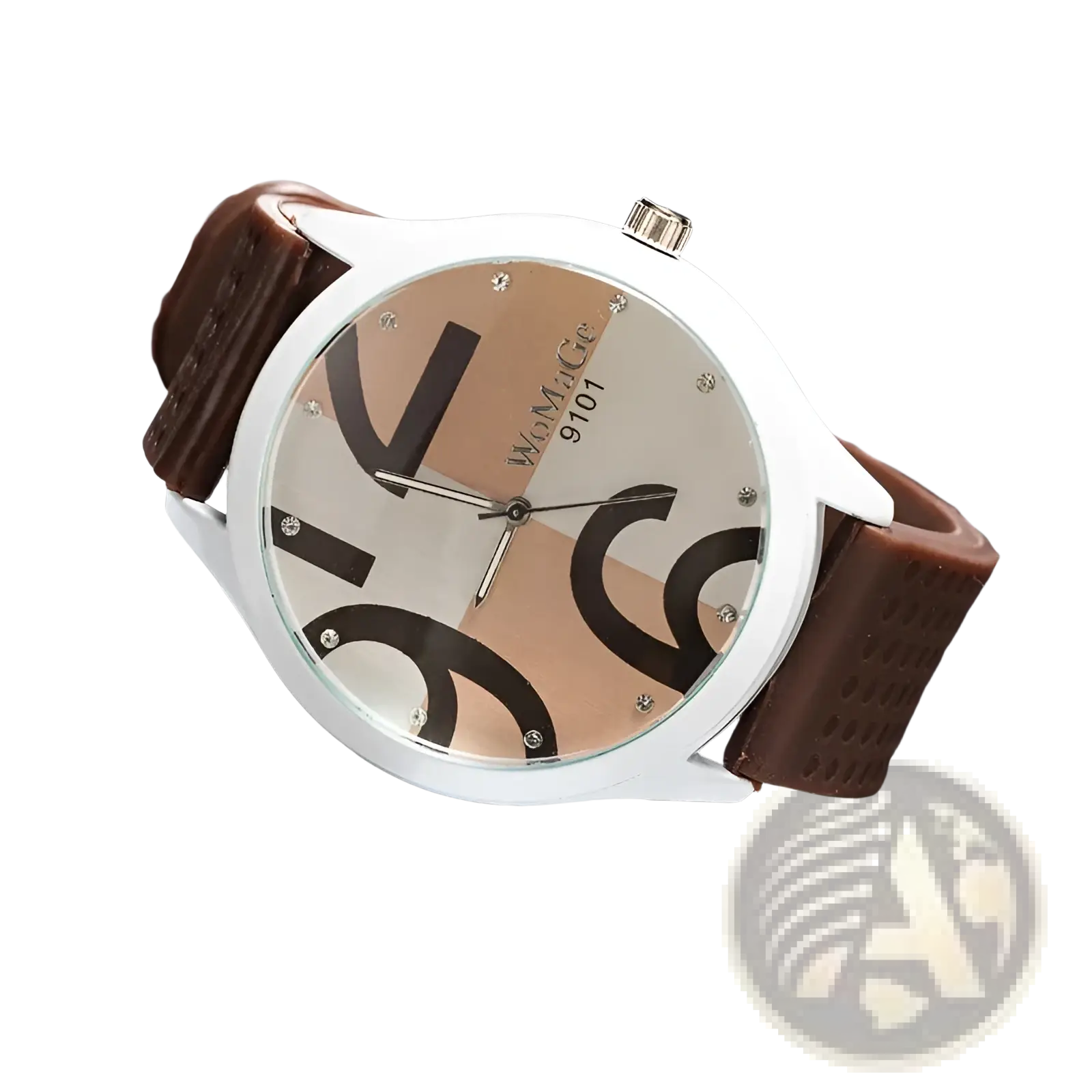 Womage silicone quartz women sports watch with white face, brown leather strap, and beige black abstract dial pattern