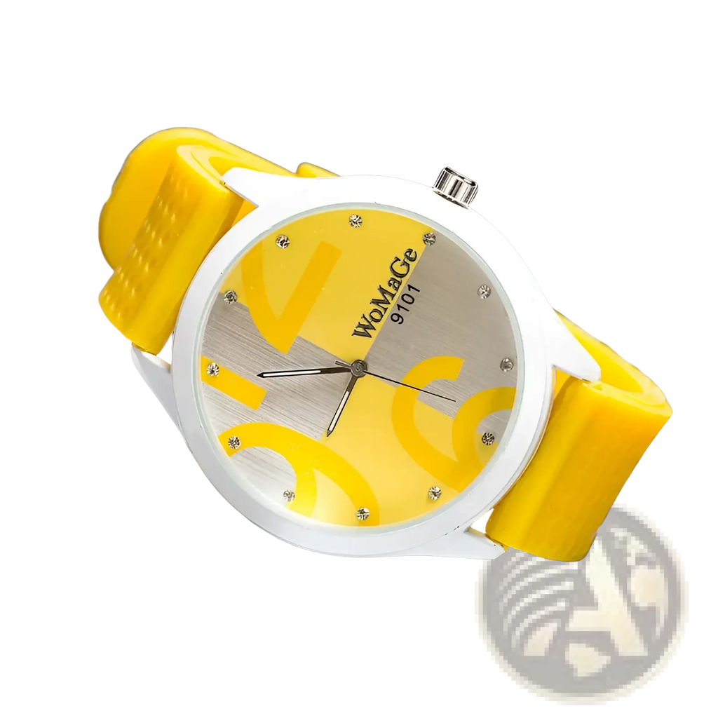 Womage silicone quartz women sports watch with yellow silicone strap, white case, and yellow silver dial featuring womage 9101 branding