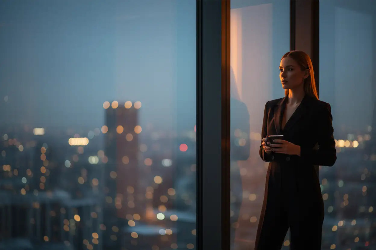 A woman in a sleek black suit stands by a window, holding a dark-colored mug.
