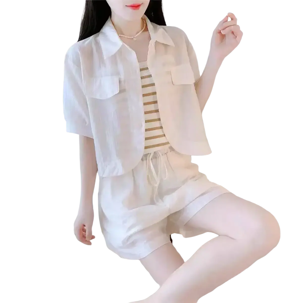 Women 2 piece summer short set with light beige cotton blend button up shirt featuring short sleeves and chest pockets closure type