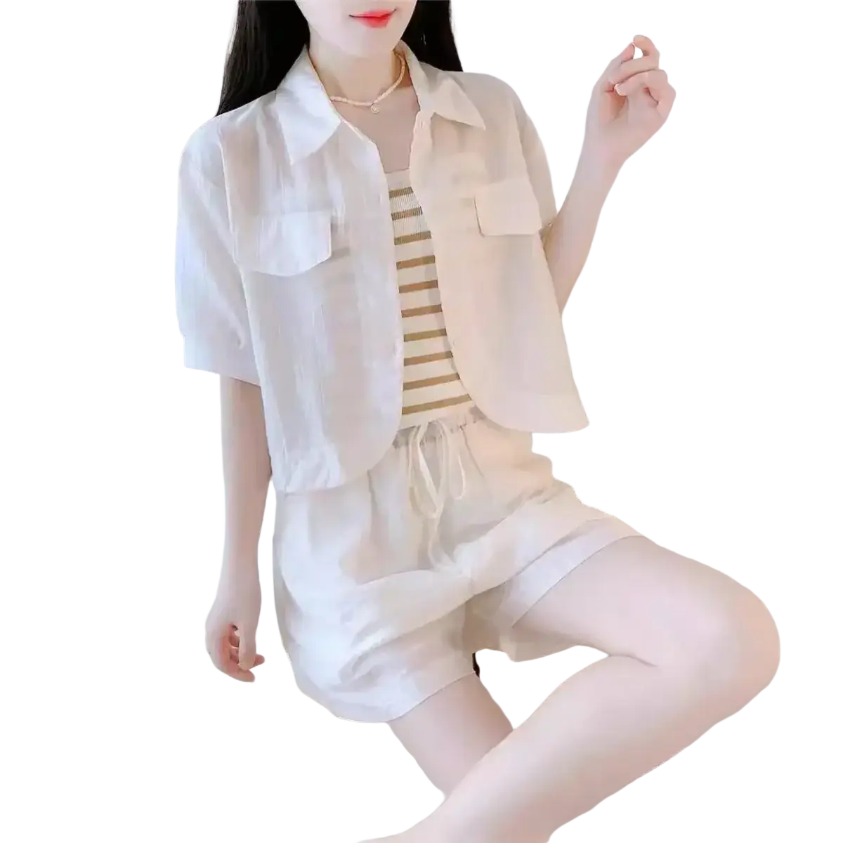 Women 2 piece summer short set with light beige cotton blend button up shirt featuring short sleeves and chest pockets closure type