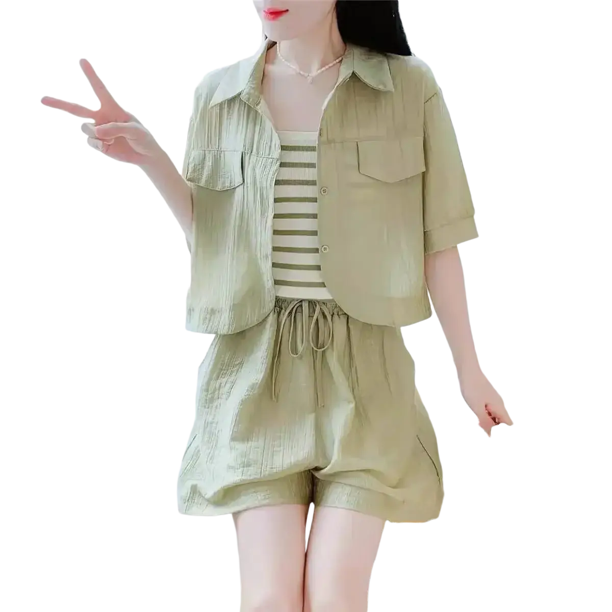 Light green short-sleeved button-up shirt with two chest pockets and relaxed fit closure in cotton blend casual wear