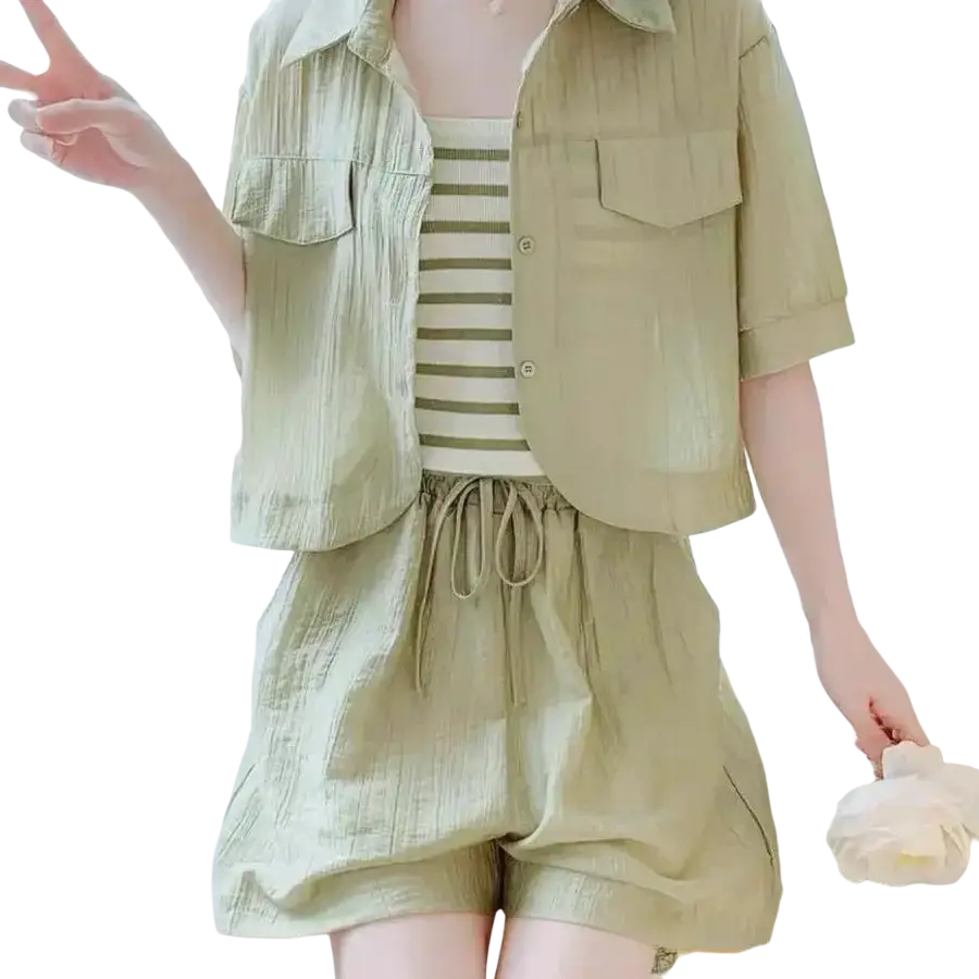 Light green cotton blend textured shorts with drawstring closure and casual clothing length for women summer outfit