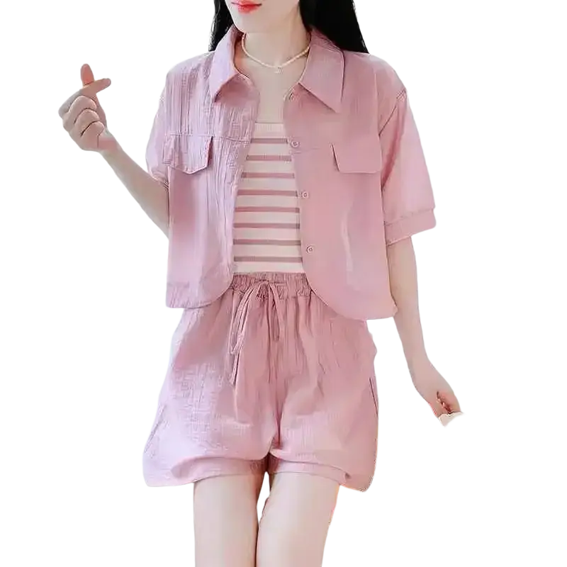 Pink short-sleeved button-up shirt with two chest pockets closure type in women 2 piece summer short set cotton blend casual outfit