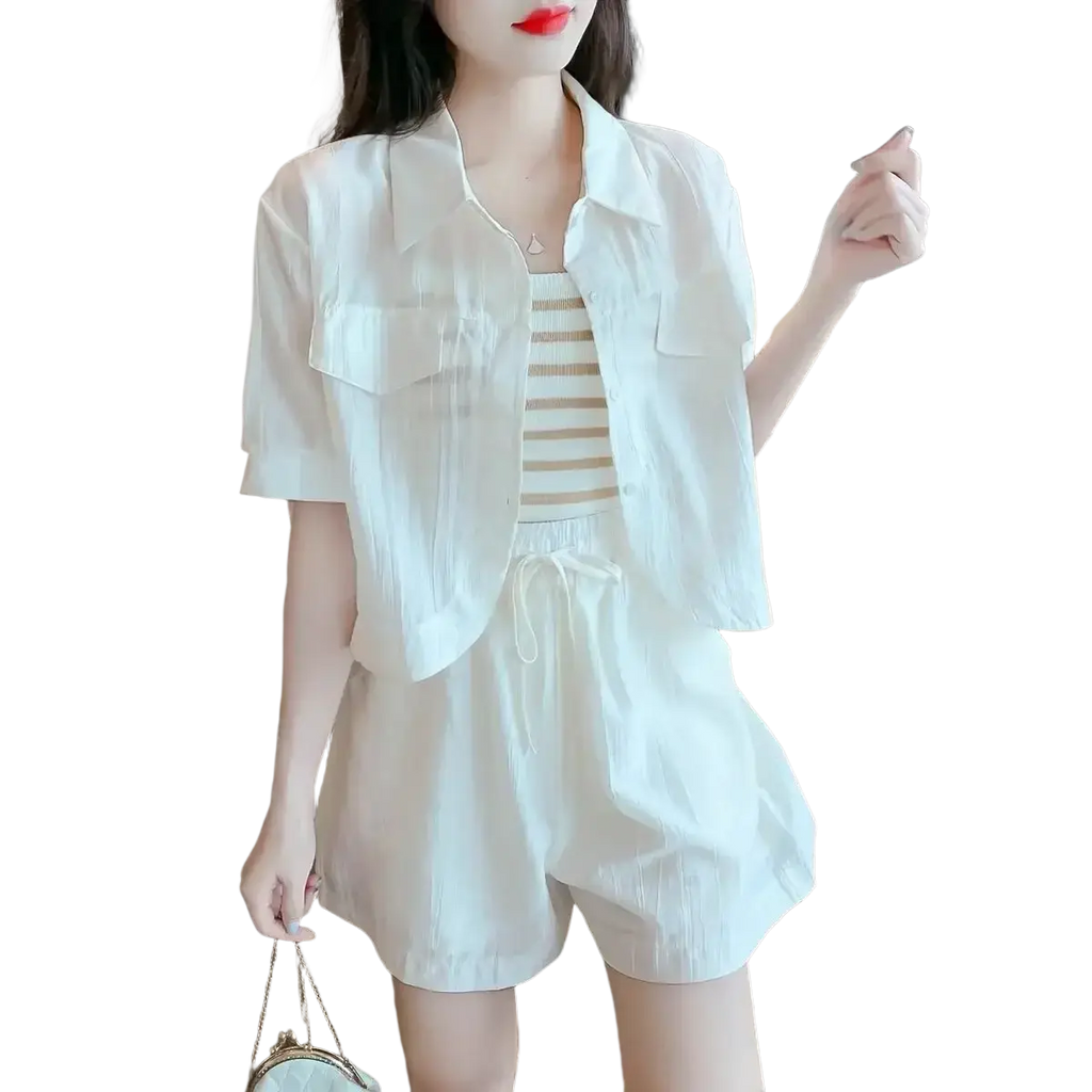 White short-sleeved button-up shirt with two chest pockets made of cotton blend in women 2 piece summer short sets