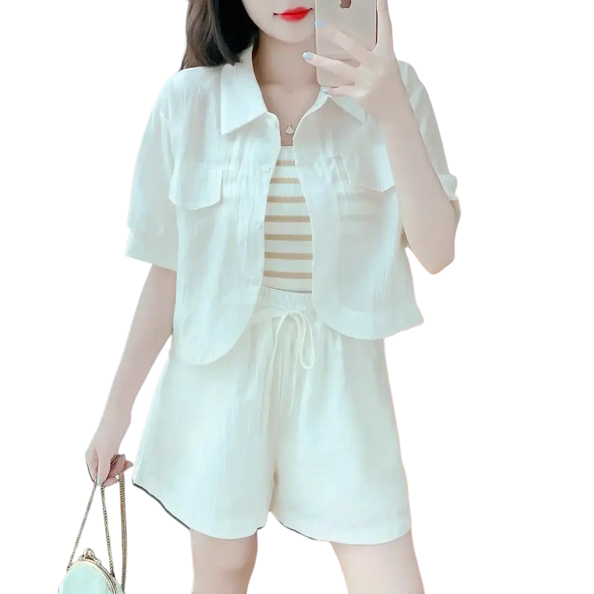 White short-sleeved denim jacket with collar and two front pockets in cotton blend casual summer outfit with button closure