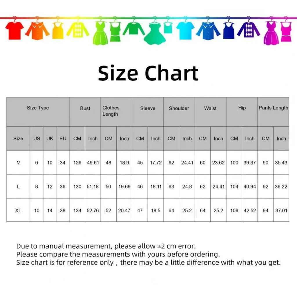 Women 3-piece tracksuit hoodie vest and joggers set with colorful rainbow gradient clothing size chart in us uk eu and cm units