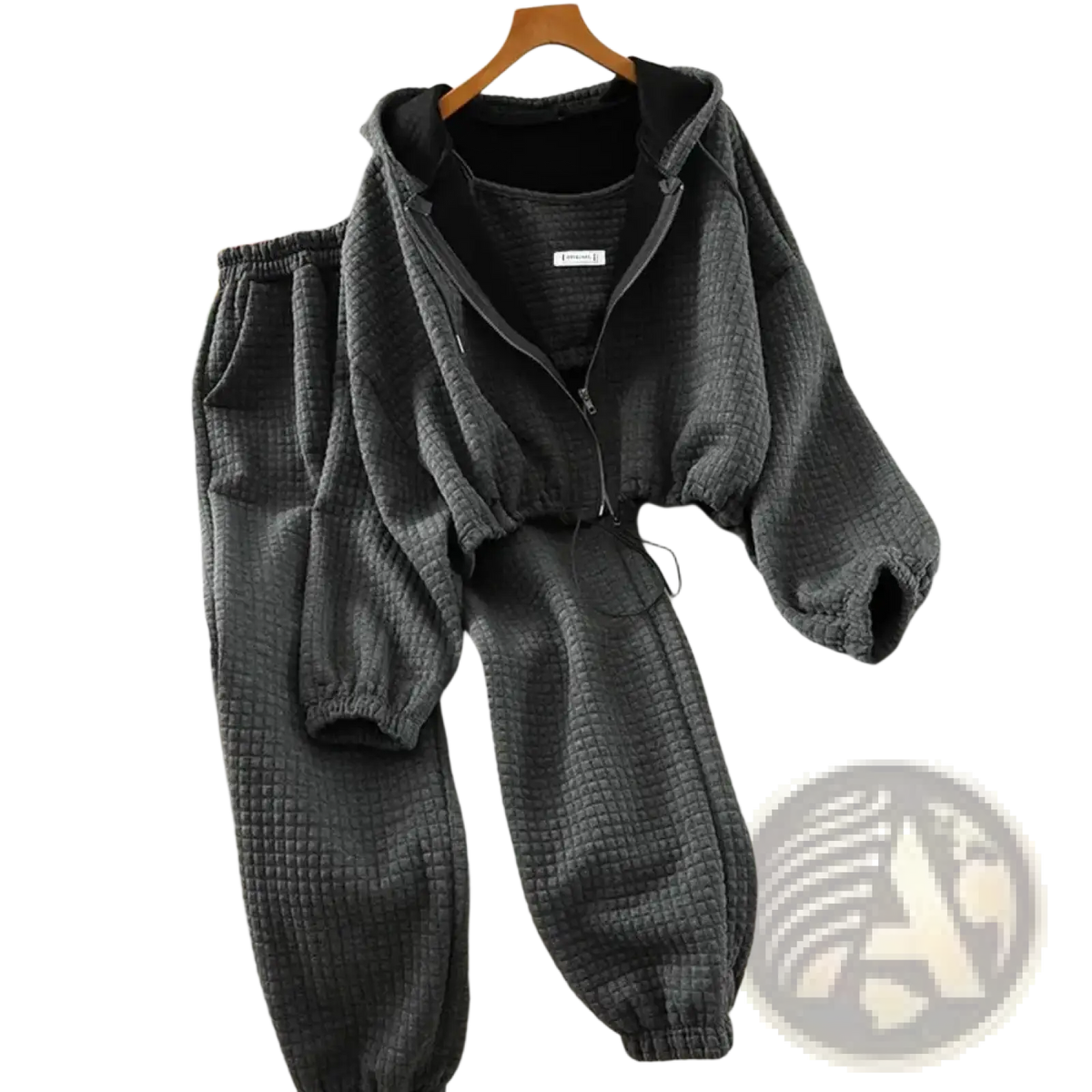 Dark gray quilted women 3-piece tracksuit with hoodie vest and joggers featuring elastic cuffs and comfortable fit