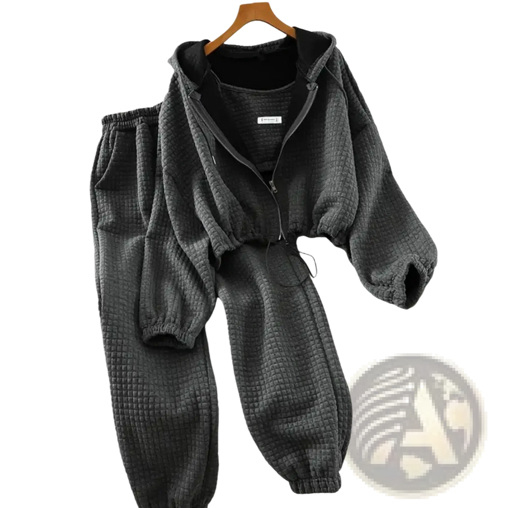 Women 3-piece tracksuit hoodie vest and joggers set in dark gray quilted textured fabric with elastic cuffs and waistband